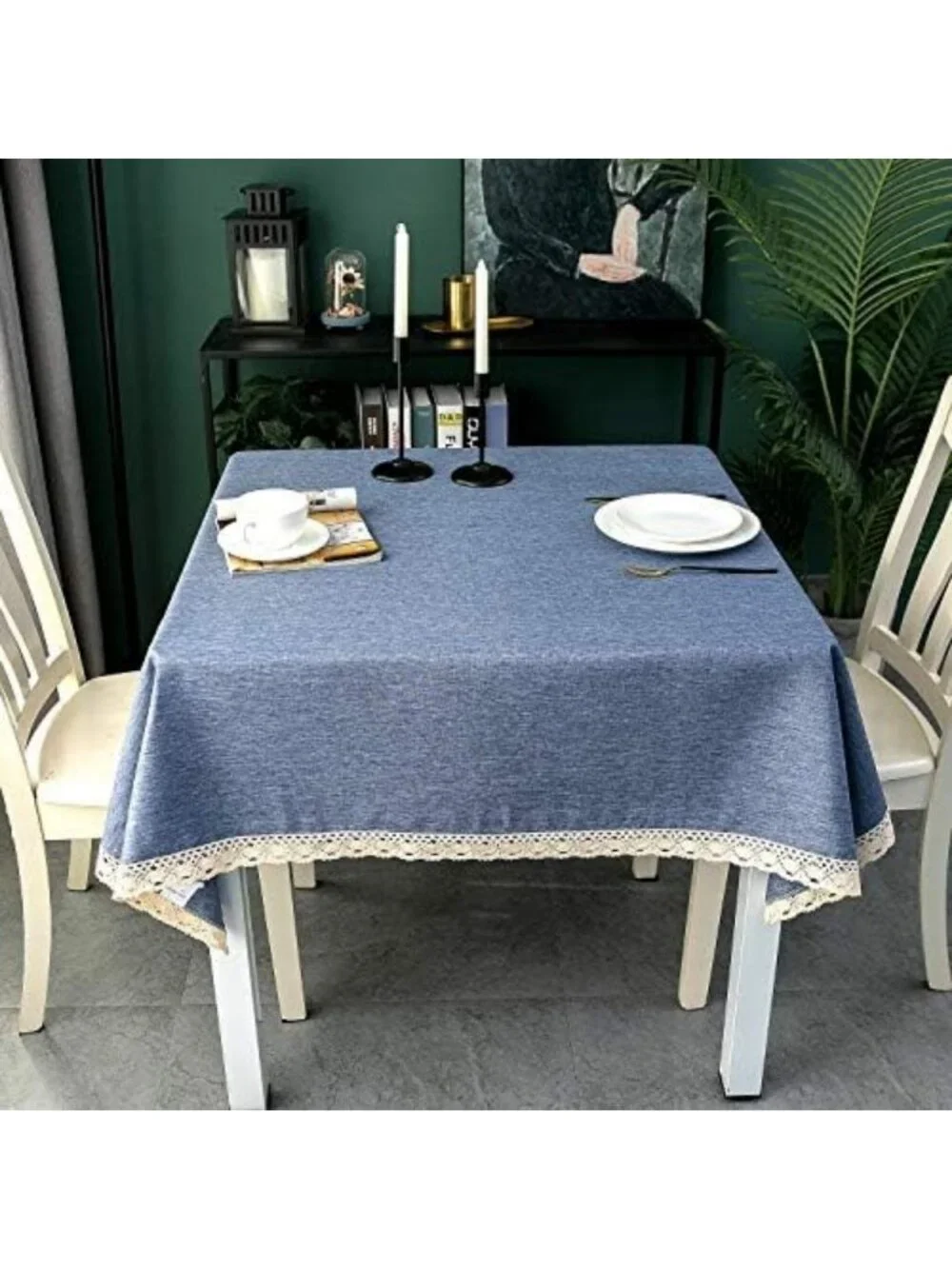 Waterproof Faux Linen Tablecloth with Lace Trim - Stain Resistant, 70x70” for